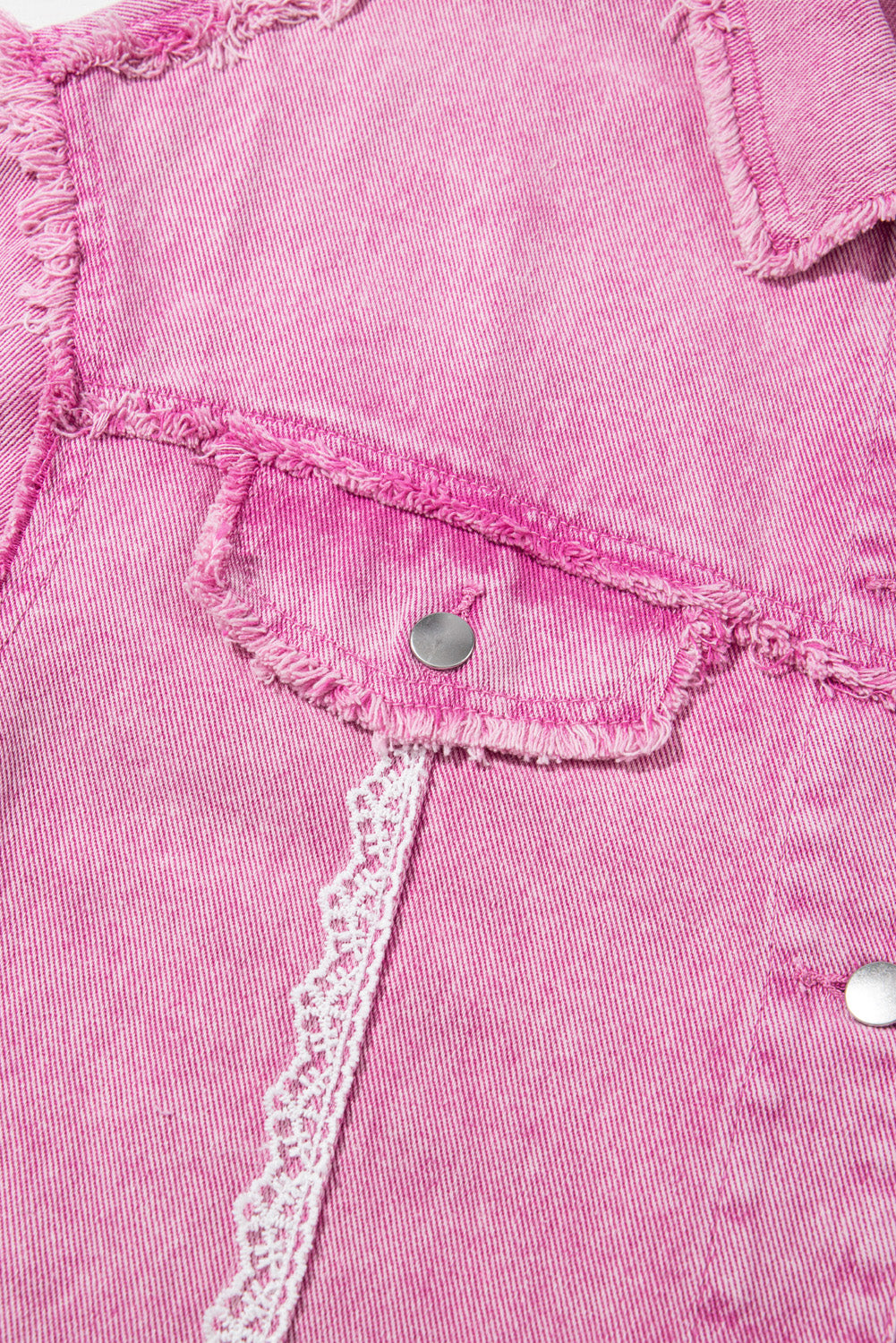 Pink Lace Patchwork Distressed Buttoned Denim Jacket Denim Jackets JT's Designer Fashion