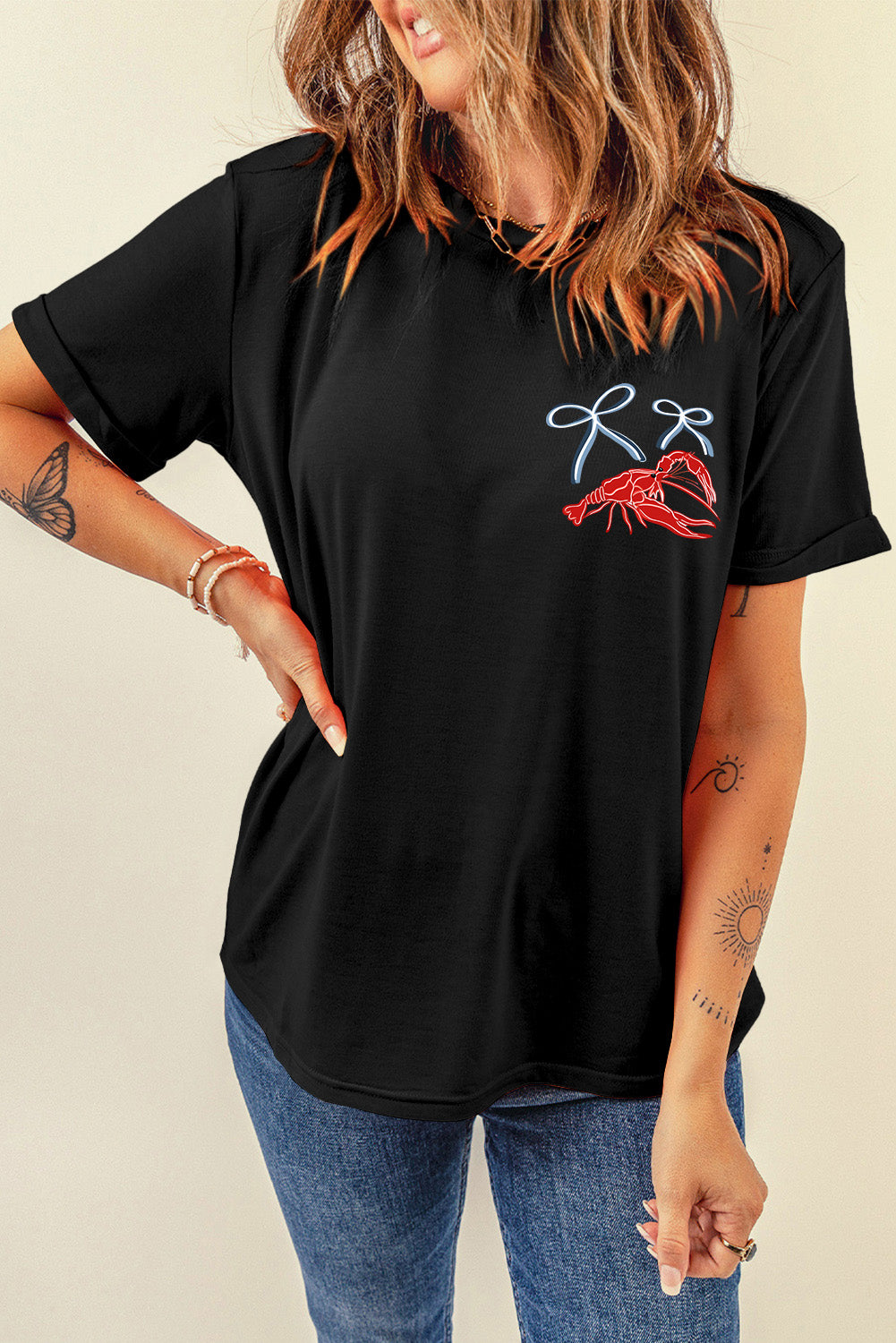Black Girlie Bow Crawfish Printed T Shirt Graphic Tees JT's Designer Fashion