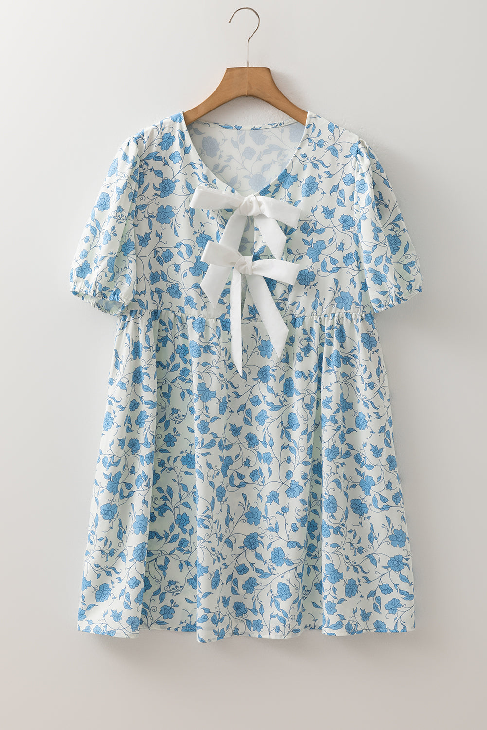 Sky Blue Floral Contrast Bow Puff Sleeve Mini Dress Mini Dresses JT's Designer Fashion