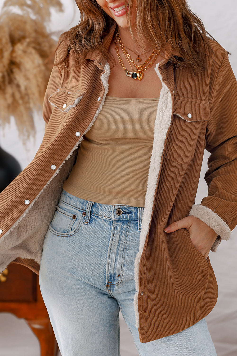 Cinnamon Fleece Lined Buttoned Flap Pockets Corduroy Jacket Jackets JT's Designer Fashion