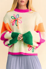 Beige Colorblock Flower Print Cable Knit Loose Sweater Beige 100%Acrylic Sweaters JT's Designer Fashion