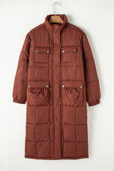 Coffee Quilted Puffer Stand Neck Zipped Mid-length Coat Coats JT's Designer Fashion