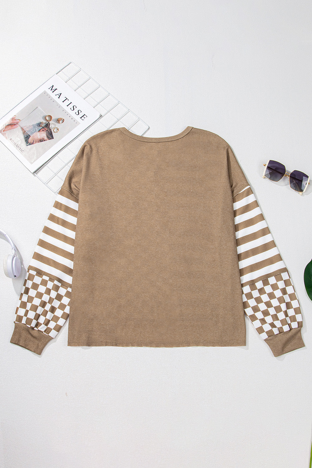 Khaki Checkerboard Striped Patchwork Lantern Sleeve Pocketed Blouse Long Sleeve Tops JT's Designer Fashion