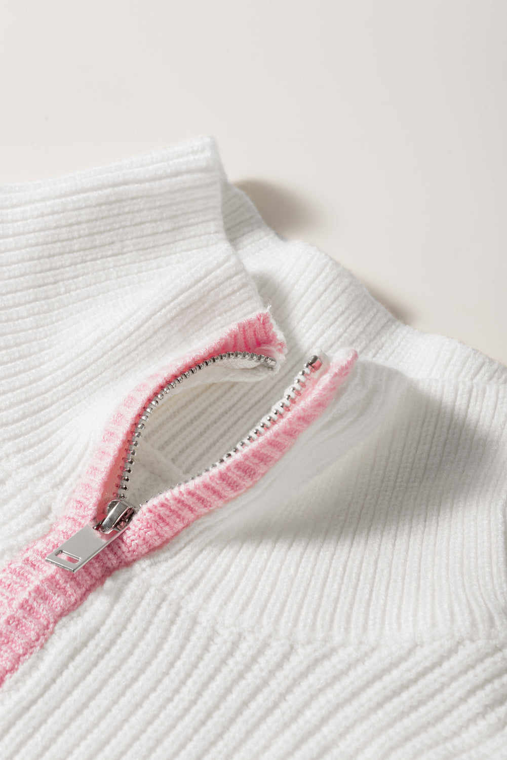 White Colorful Edge Quarter Zip Drop Shoulder Sweater Sweaters & Cardigans JT's Designer Fashion