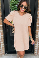 Parchment Corded Knit Crew Neck Puff Sleeve Shift Mini Dress T Shirt Dresses JT's Designer Fashion