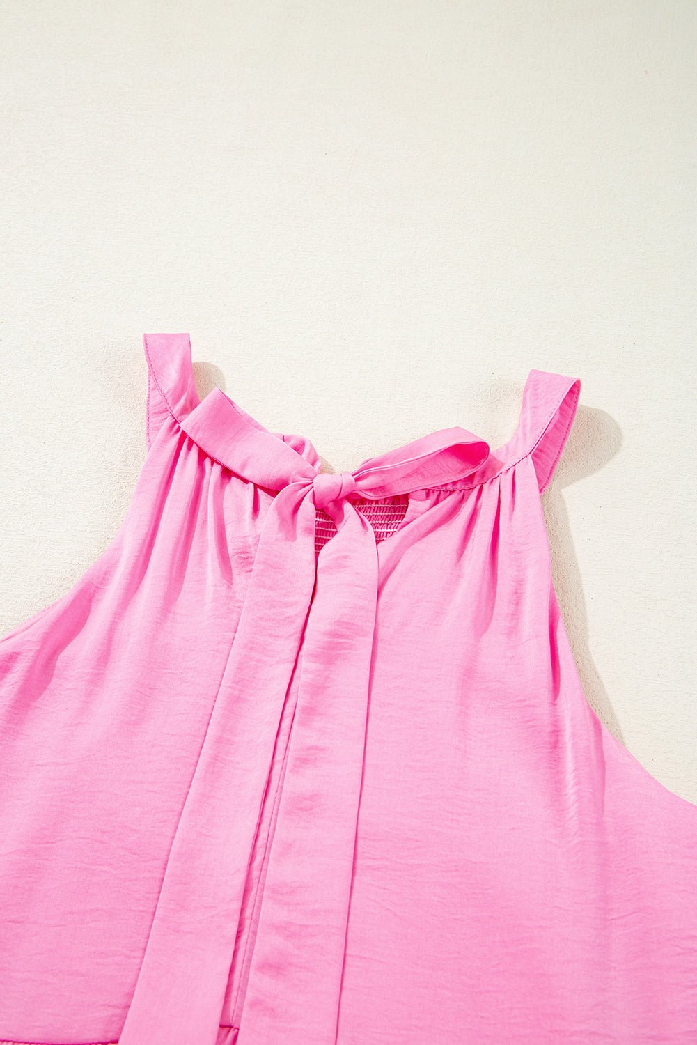 Pink Smocked Neck Knot Back Frilly Tiered Sleeveless Mini Dress Mini Dresses JT's Designer Fashion