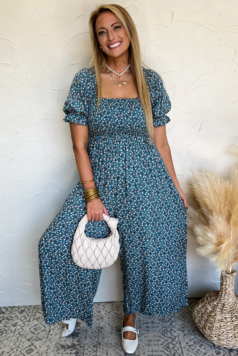 Blue Vintage Boho Floral Smocked Short Puff Sleeve Wide Leg Jumpsuit Jumpsuits & Rompers JT's Designer Fashion