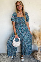 Blue Vintage Boho Floral Smocked Short Puff Sleeve Wide Leg Jumpsuit Jumpsuits & Rompers JT's Designer Fashion
