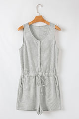 Light Grey Waffle Knit Sleeveless Buttoned Front Drawstring Waist Romper Jumpsuits & Rompers JT's Designer Fashion