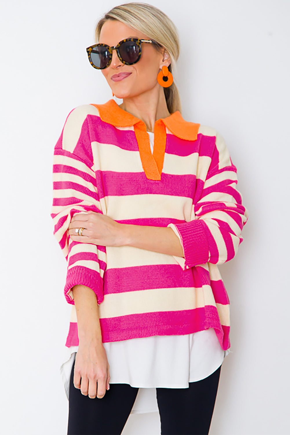 Rose Stripe Color Block Collared V Neck Drop Shoulder Sweater Sweaters JT's Designer Fashion