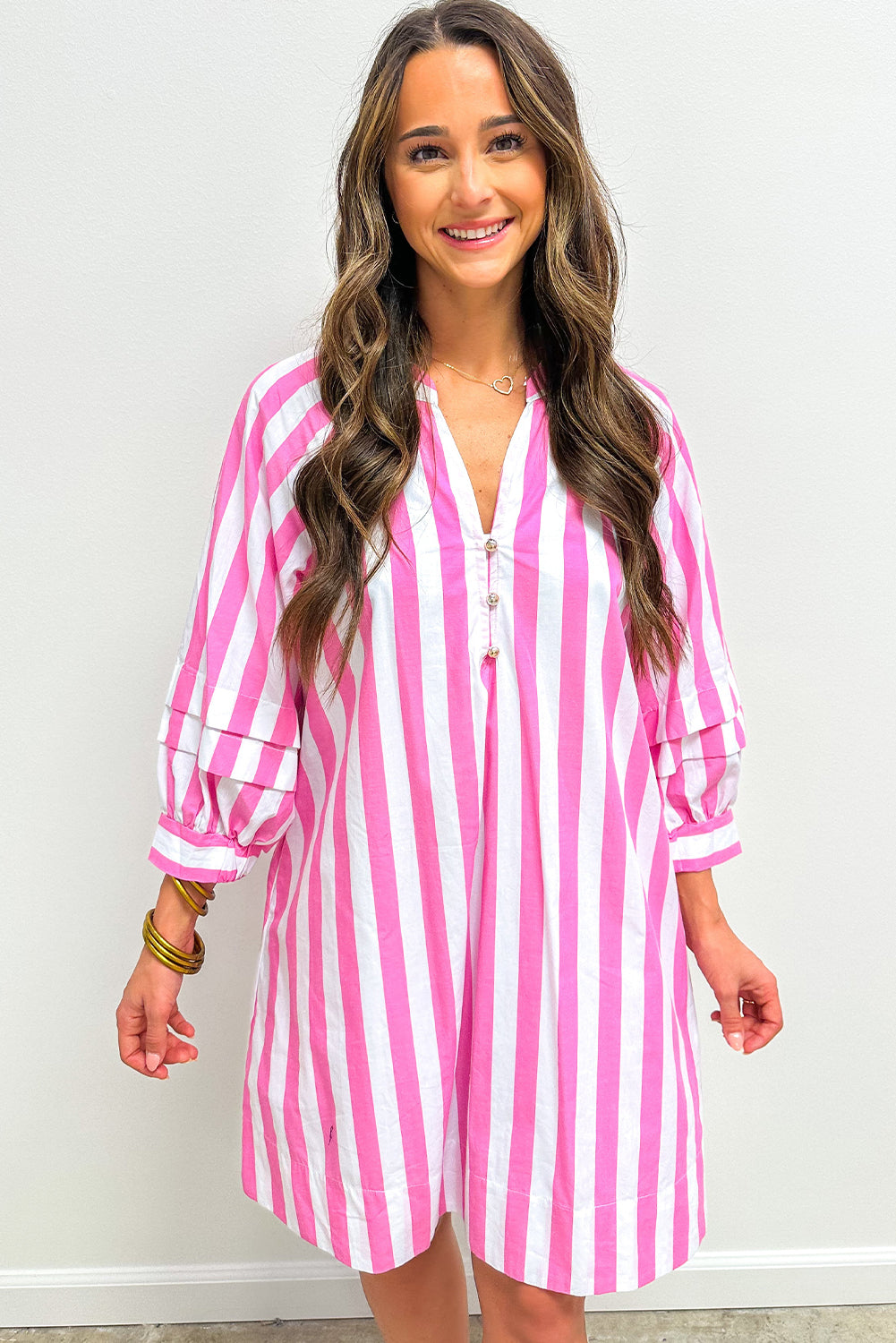Rose Stripe Bracelet Sleeve Buttons Loose Mini Dress Mini Dresses JT's Designer Fashion