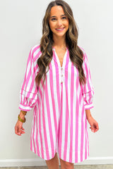Rose Stripe Bracelet Sleeve Buttons Loose Mini Dress Mini Dresses JT's Designer Fashion