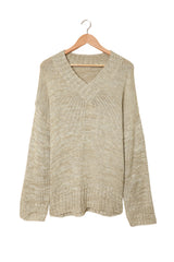 Gray V neck Drop Shoulder Knitted Sweater Sweaters & Cardigans JT's Designer Fashion