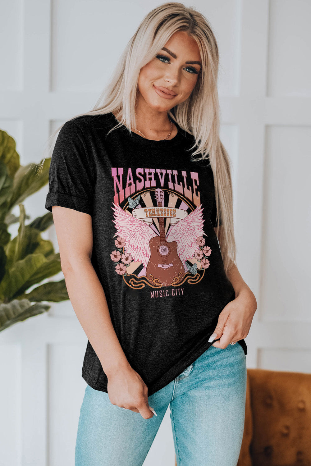 Black NASHVILLE Music City Graphic Print Short Sleeve Top Graphic Tees JT's Designer Fashion