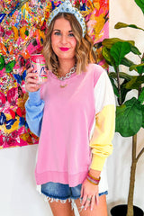 Bonbon Color Block Exposed Seam Side Slits Crewneck Sweatshirt Sweatshirts & Hoodies JT's Designer Fashion