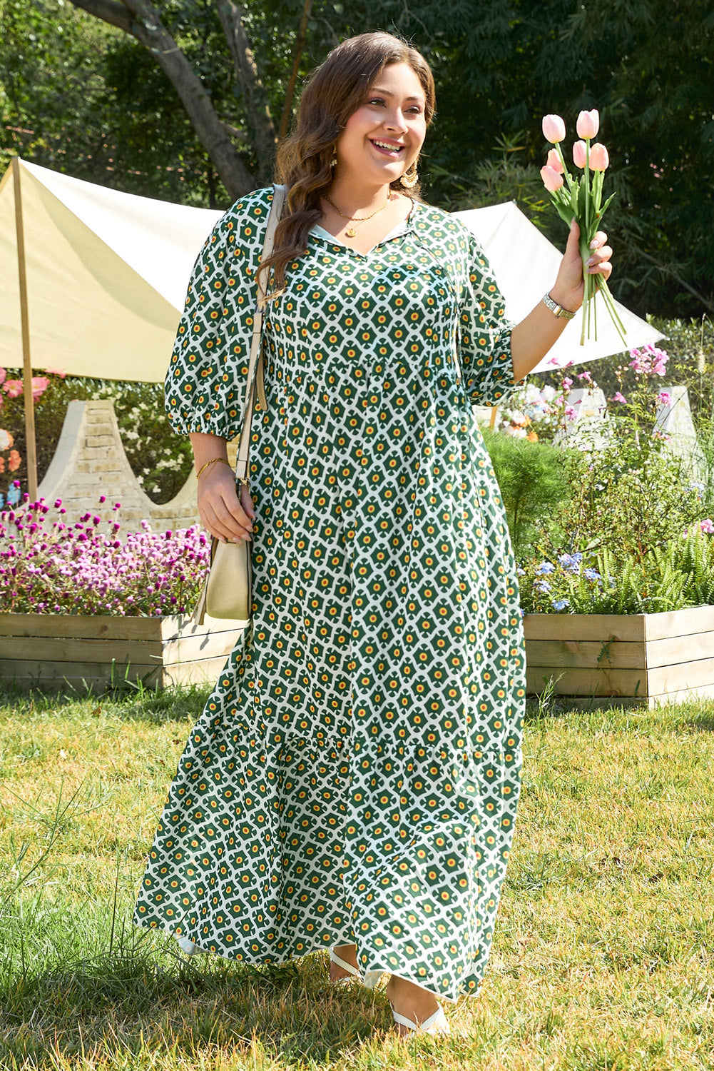 Green Geometric Floral Print Half Sleeve Plus Size Maxi Dress Plus Size Maxi Dresses JT's Designer Fashion