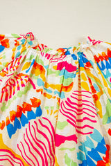 Orange Abstract Printed Shirred Bubble Half Sleeve V Neck Blouse Blouses & Shirts JT's Designer Fashion