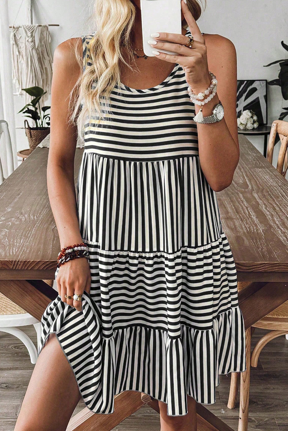 Black Stripe U Neck Sleeveless Loose Fit Mini Dress Dresses JT's Designer Fashion