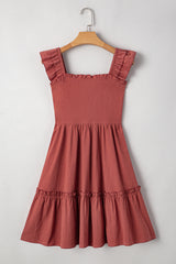 Red Sandalwood Geometric Stitch Shirred Bodice Ruffled Trim Sleeveless Mini Dress Dresses JT's Designer Fashion