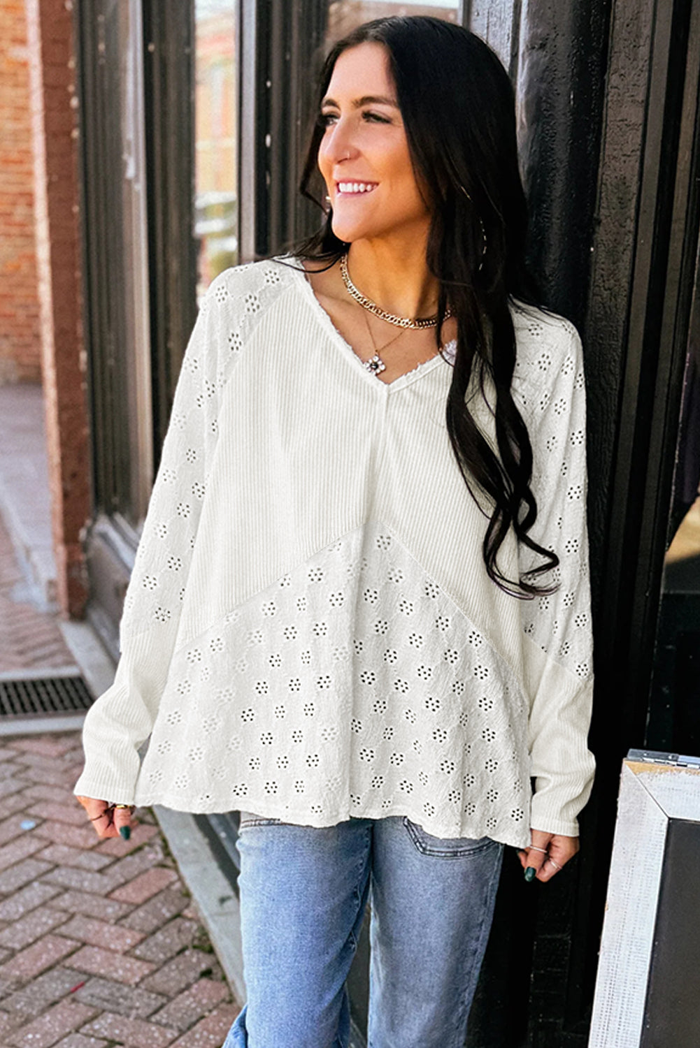 White Twisted Rib Patchwork Embroidered Loose V Neck Long Sleeve Top Blouses & Shirts JT's Designer Fashion
