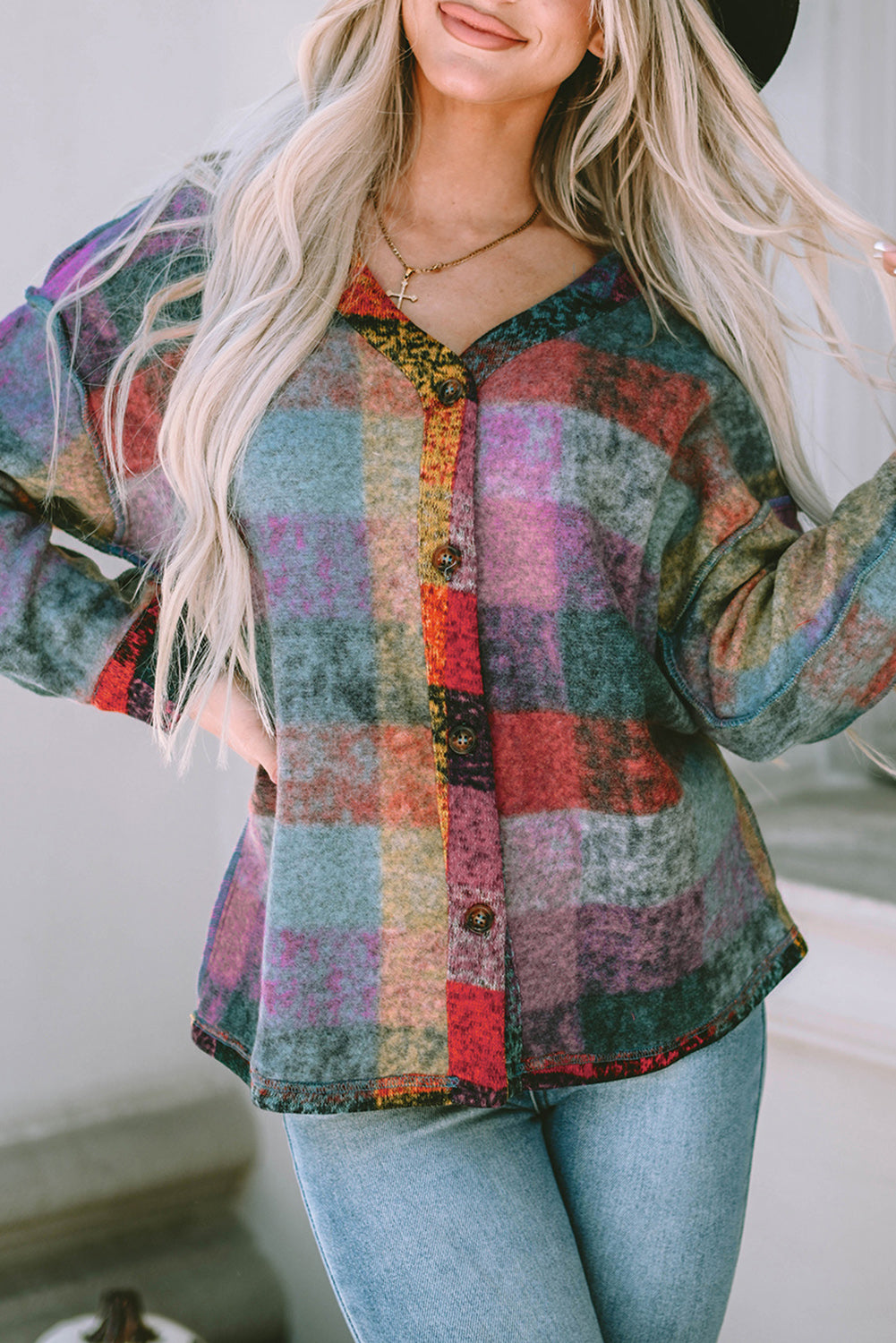 Multicolor Brushed Checked Western Buttoned Jacket Jackets JT's Designer Fashion