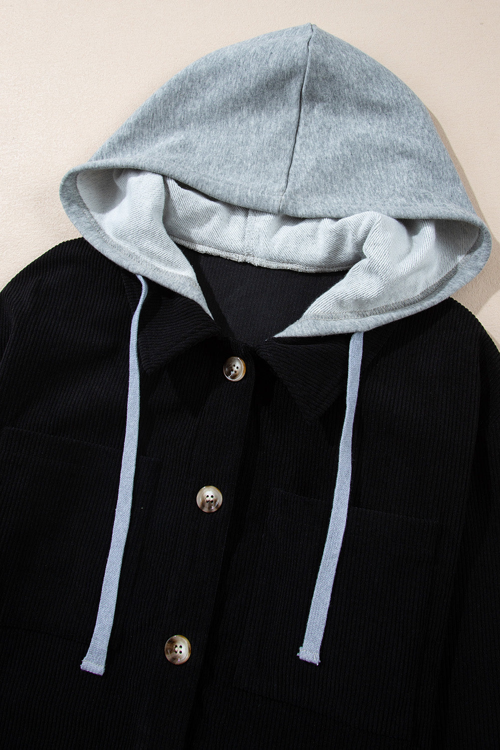 Black Hooded Drawstring Pockets Corduroy Shacket Jackets JT's Designer Fashion