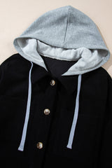 Black Hooded Drawstring Pockets Corduroy Shacket Jackets JT's Designer Fashion