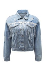 Sky Blue Sequin Embellished Fringe Distressed Denim Jacket Denim Jackets JT's Designer Fashion