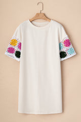 White Floral Crochet Splicing Sleeve T Shirt Dress T Shirt Dresses JT's Designer Fashion