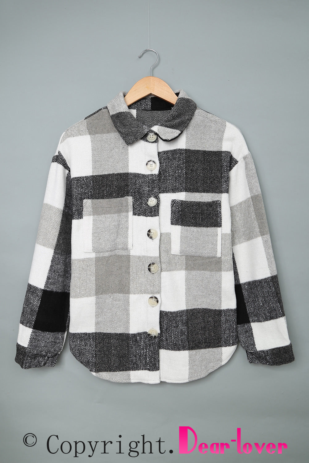 Gray Plaid Color Block Buttoned Long Sleeve Jacket with Pocket Plaid Shackets JT's Designer Fashion