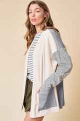 Black Stripe Colorblock Patchwork Open Front Cardigan with Pocket Cardigans JT's Designer Fashion