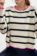 White Stripe Color Contrast Drop Shoulder Crew Neck Sweater Sweaters JT's Designer Fashion