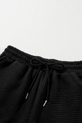 Black Textured Ruffle Split Top and Drawstring Shorts Short Sets JT's Designer Fashion