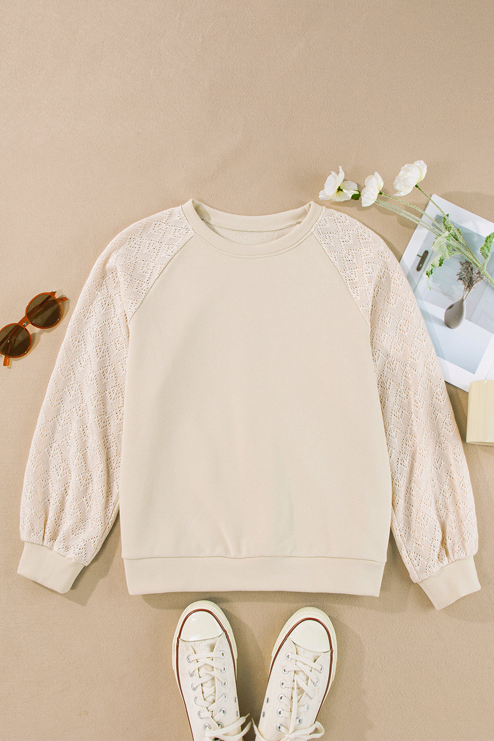 Parchment Eyelet Knit Patchwork Raglan Sleeve Pullover Top Sweatshirts & Hoodies JT's Designer Fashion