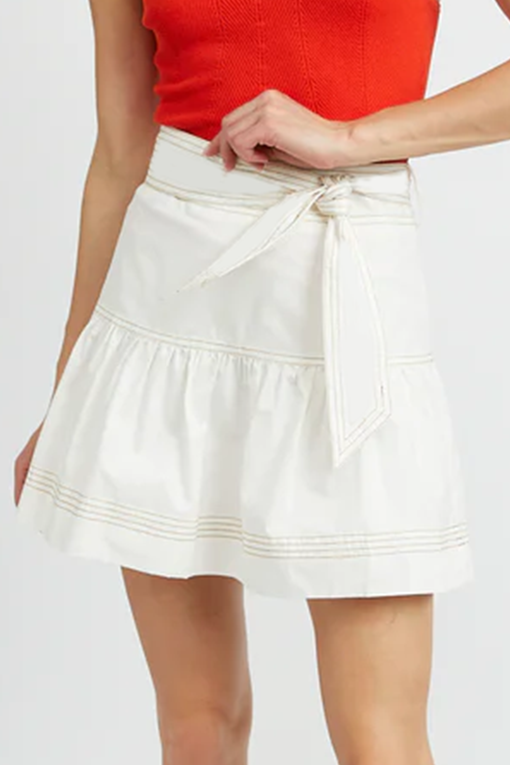 White Contrast Stitching Trim Knotted High Waist A-Line Mini Skirt Skirts & Petticoat JT's Designer Fashion