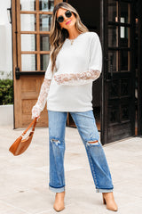 Beige Lace Sleeve Patchwork Faux Two-piece Fuzzy Sweater Sweaters JT's Designer Fashion