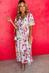 Rose Abstract Print Short Puff Sleeve Tiered Long Dress Maxi Dresses JT's Designer Fashion