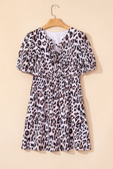 Brown Leopard Tied Front Keyhole Puff Short Sleeve Mini Dress Mini Dresses JT's Designer Fashion
