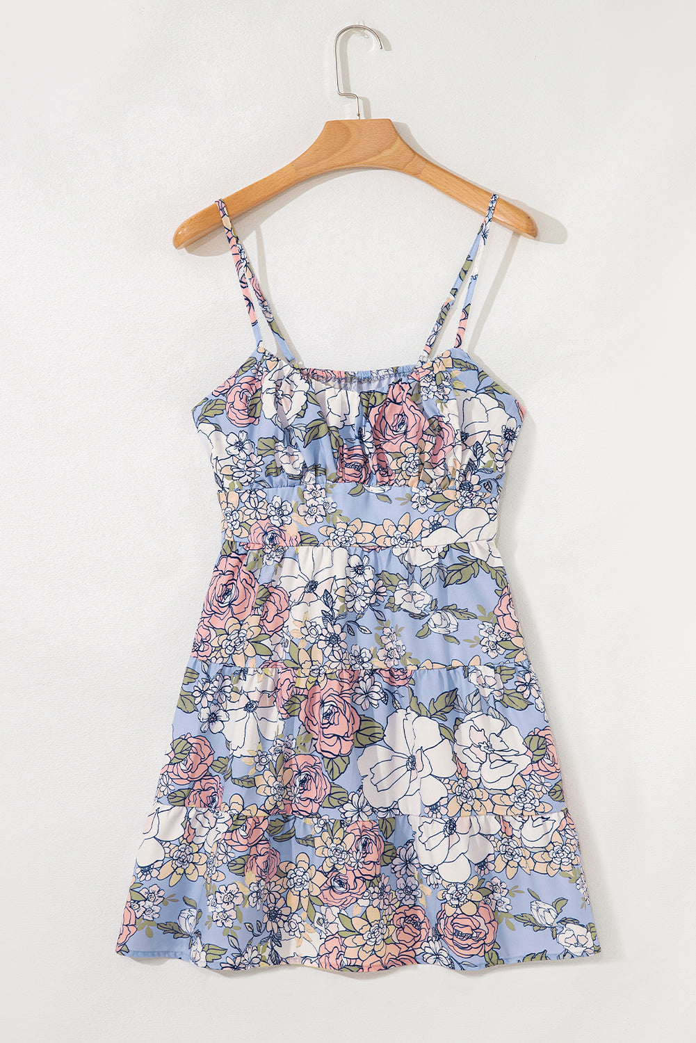 Sky Blue Floral Tiered Patchwork Spaghetti Strap Vacation Dress Floral Dresses JT's Designer Fashion