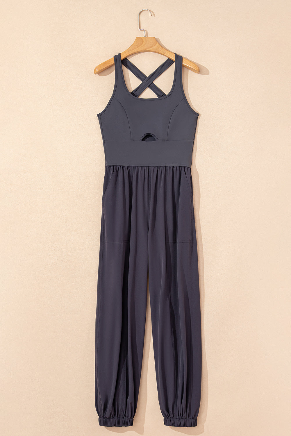 Carbon Grey Back Crossed Straps Hollow Out Jogger Jumpsuit Jumpsuits & Rompers JT's Designer Fashion