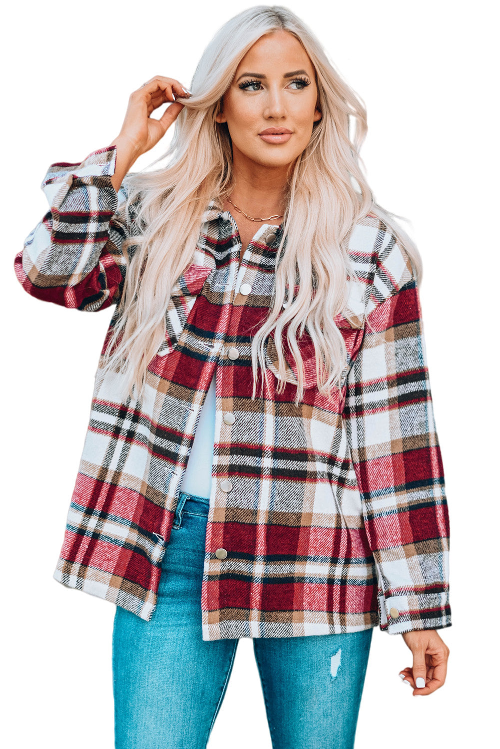 Fiery Red Geometric Plaid Print Pocketed Shacket Plaid Shackets JT's Designer Fashion