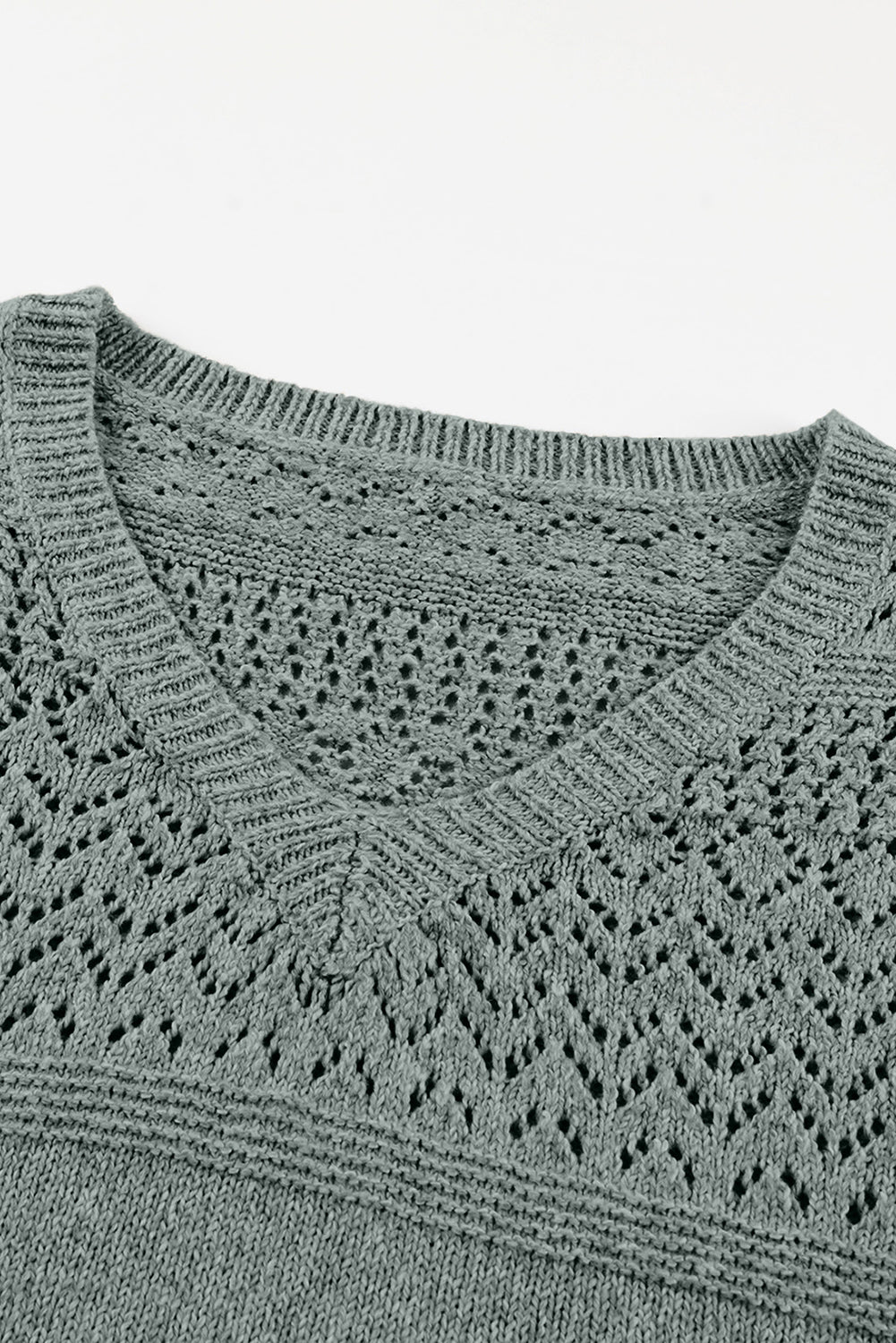 Mist Green Eyelet Pattern Detail V Neck Drop Shoulder Sweater Sweaters JT's Designer Fashion