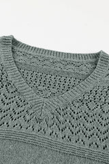Mist Green Eyelet Pattern Detail V Neck Drop Shoulder Sweater Sweaters JT's Designer Fashion