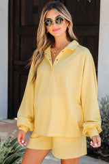 Yellow Cream Button Collar Drop Shoulder Pullover and Shorts 2pcs Outfit Short Sets JT's Designer Fashion