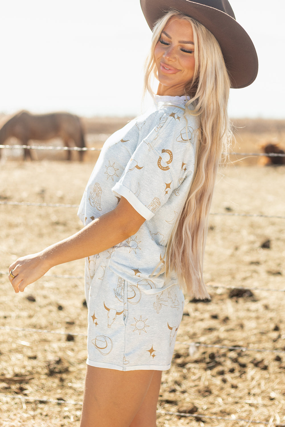 Gray Western Fashion Printed T Shirt Elastic Waist Shorts Set Short Sets JT's Designer Fashion