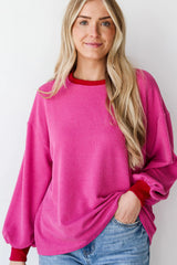 Bright Pink Corded Contrast Edge Drop Shoulder Long Sleeve Top Long Sleeve Tops JT's Designer Fashion