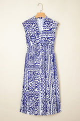Dirty blue Shirred Waist V Neck Sleeveless Floral Print Long Dress Dresses JT's Designer Fashion