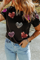Black Sequin Heart Patched Pattern Crewneck Valentines Tee Graphic Tees JT's Designer Fashion