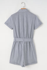 Blue Stripe Chest Pockets Buttoned Belted High Waist Romper Jumpsuits & Rompers JT's Designer Fashion