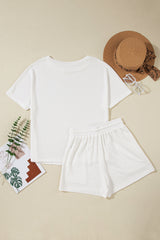 White Casual Textured Tee and Drawstring Shorts Set Short Sets JT's Designer Fashion